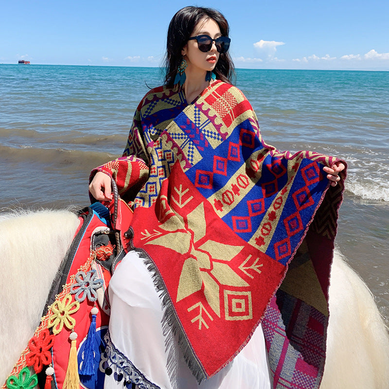 Ethnic style shawl retro literary hooded cloak travel photo cloak thickened warm scarf