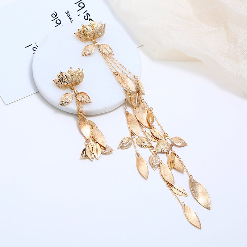 Asymmetrical extra long earrings tassel metal leaf earrings personality model style earrings