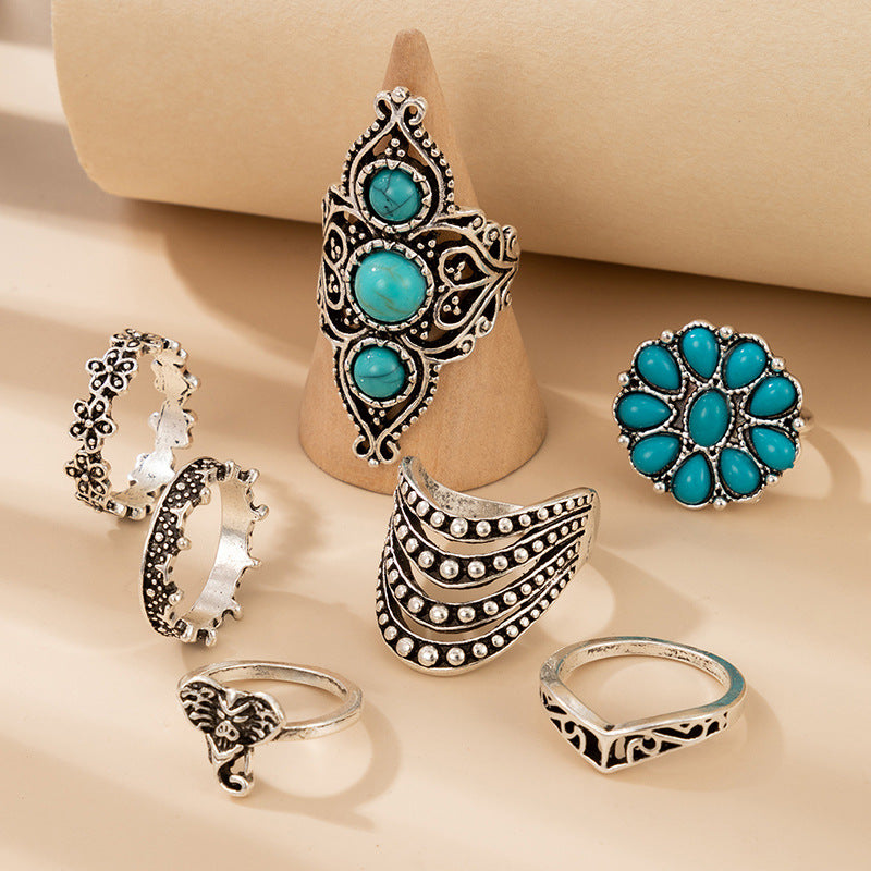 Retro ethnic style ring set turquoise personalized ring jewelry