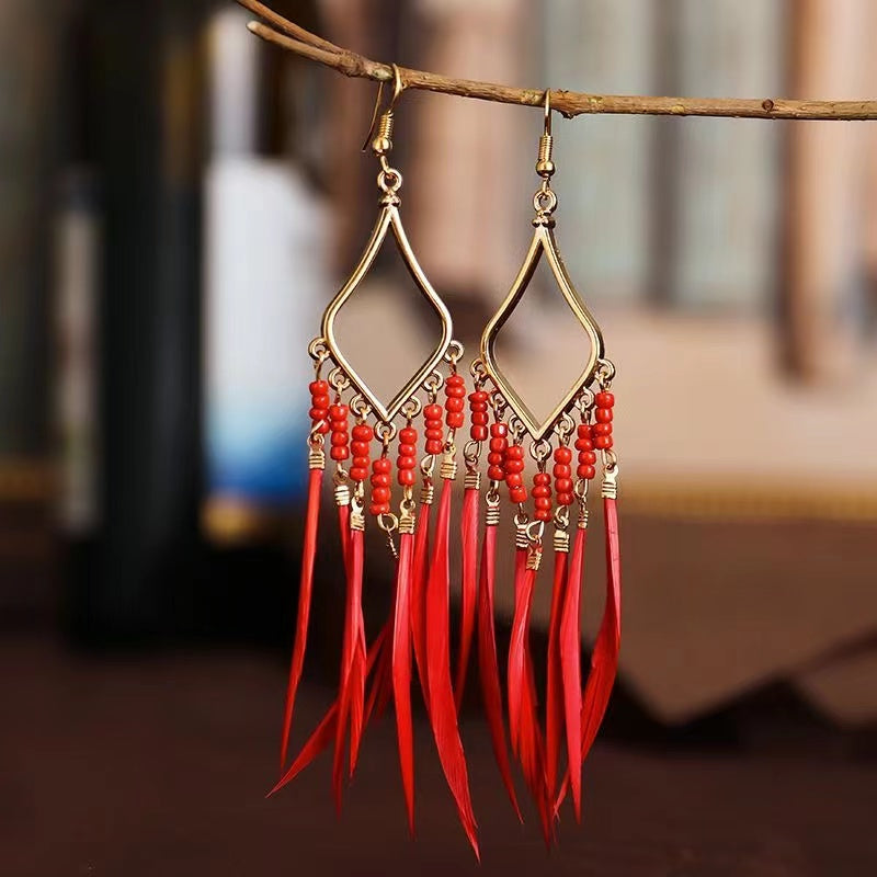 Boho slender feather earrings tassel geometric ear hook personality