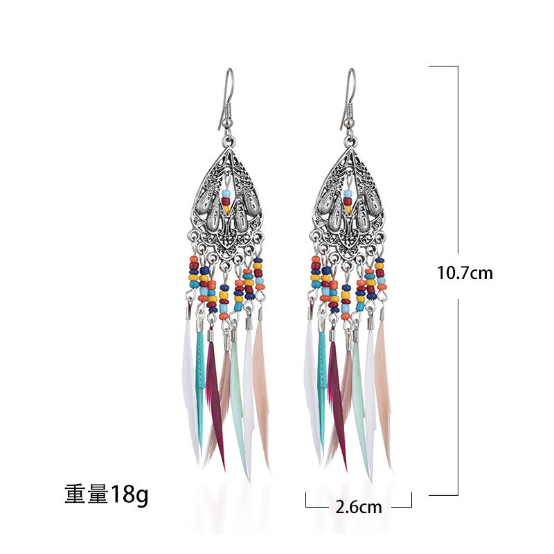 Bohemian style feather earrings, colorful and versatile long earrings, retro ethnic style earrings