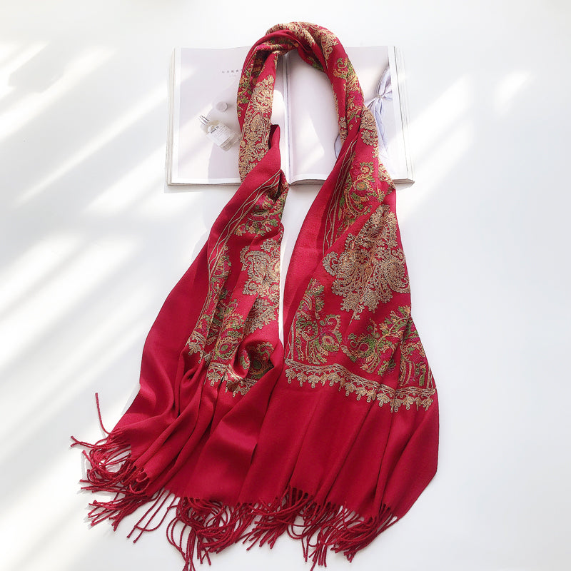 Ethnic style shawl scarf, retro embroidery, Chinese style embroidery outer wear, thickened warm scarf