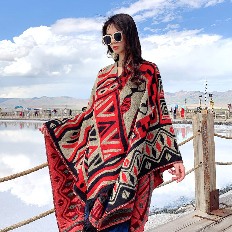 Cape and scarf dual-purpose thickened and warm ethnic style shawl