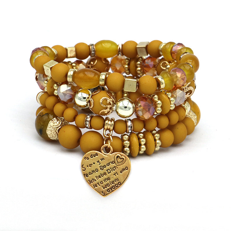 Multi-layered bracelets stacked with ethnic style personalized peach heart pendant multi-circle design rice bead bracelet