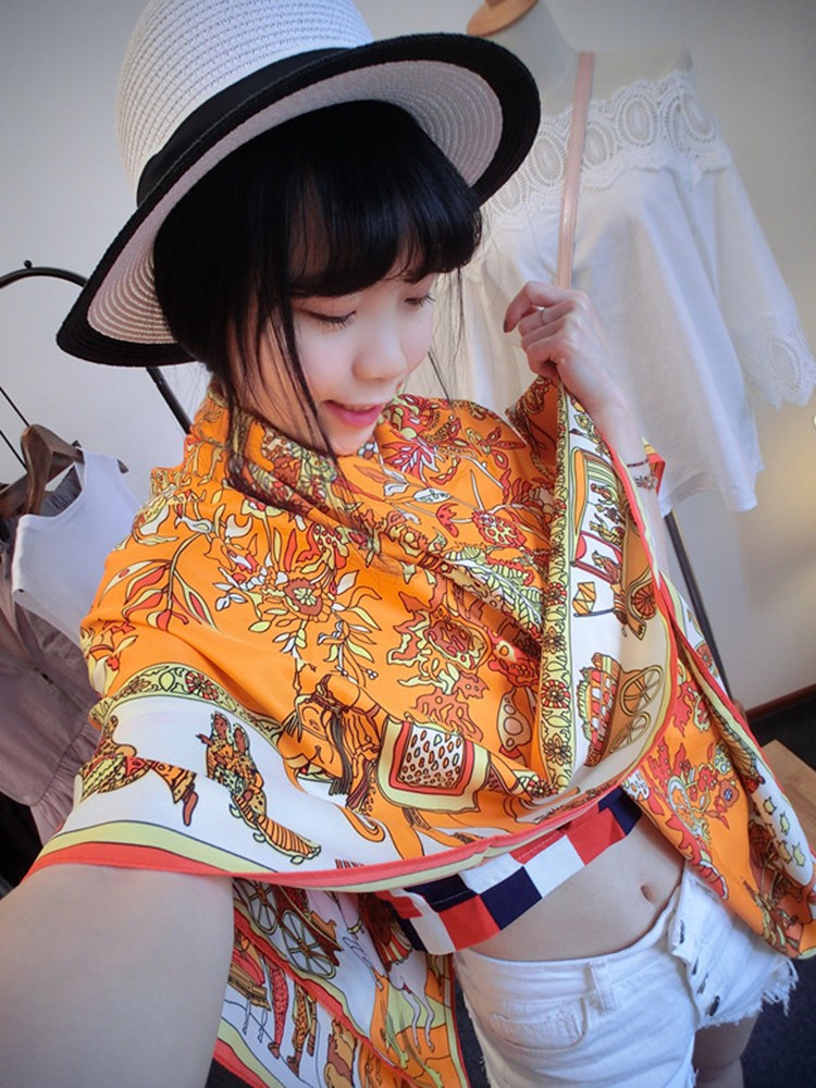 Ethnic style twill silk imitation silk large square scarf summer travel sun protection shawl silk scarf outer square scarf thin style