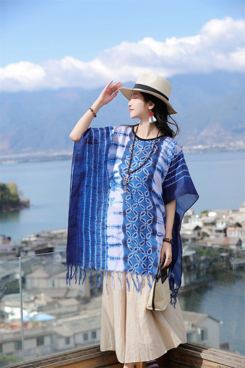 Tie-dye printed ethnic style shawl, retro cape, thin tassels, blouse and scarf