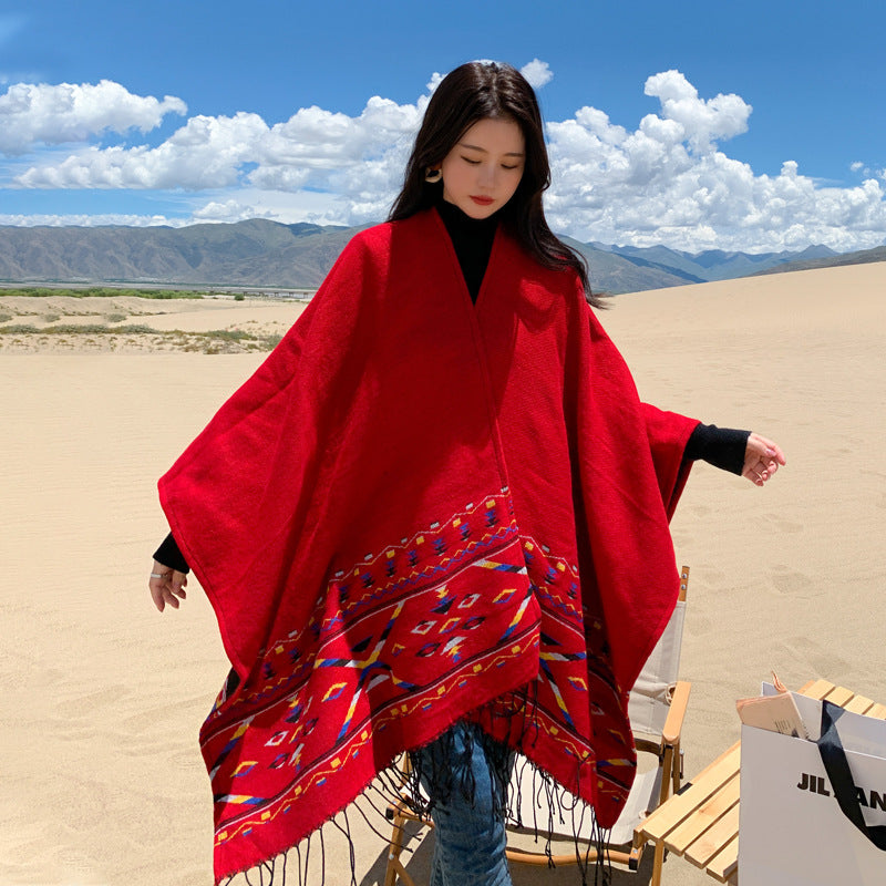 Ethnic style shawl retro literary hooded cloak travel photo cloak thickened warm scarf