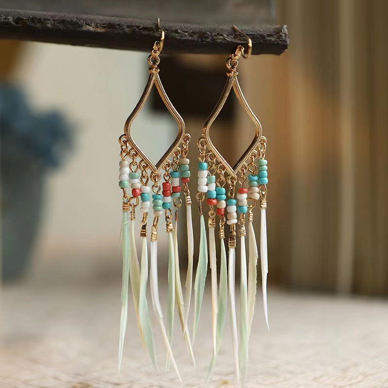 Boho slender feather earrings tassel geometric ear hook personality