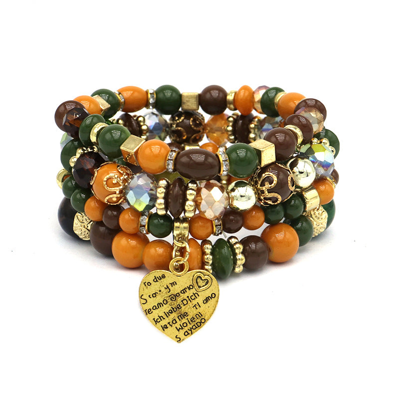 Multi-layered bracelets stacked with ethnic style personalized peach heart pendant multi-circle design rice bead bracelet