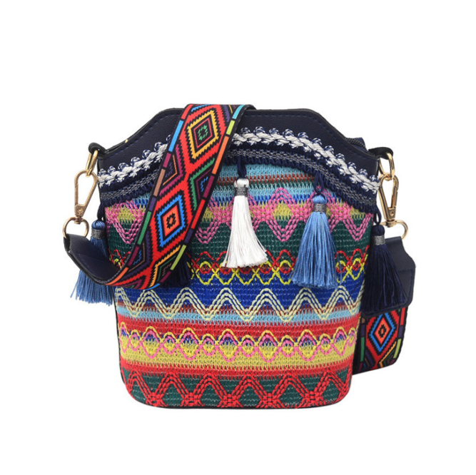 Travel bag ethnic style woven bucket bag crossbody shoulder tassels