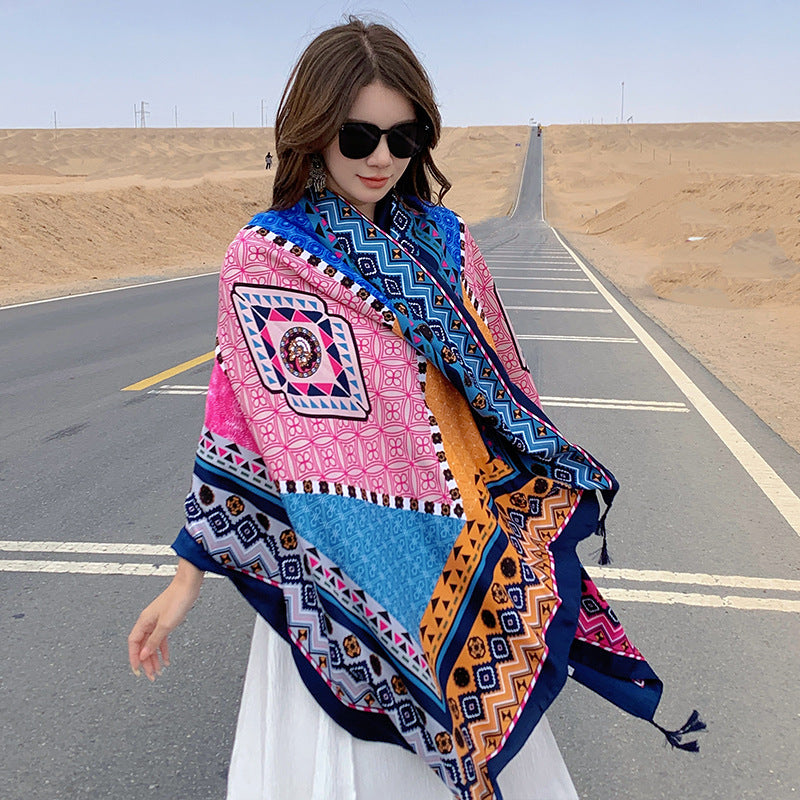 Silk scarf, beach towel, cotton and linen sunscreen shawl, bohemian ethnic style scarf