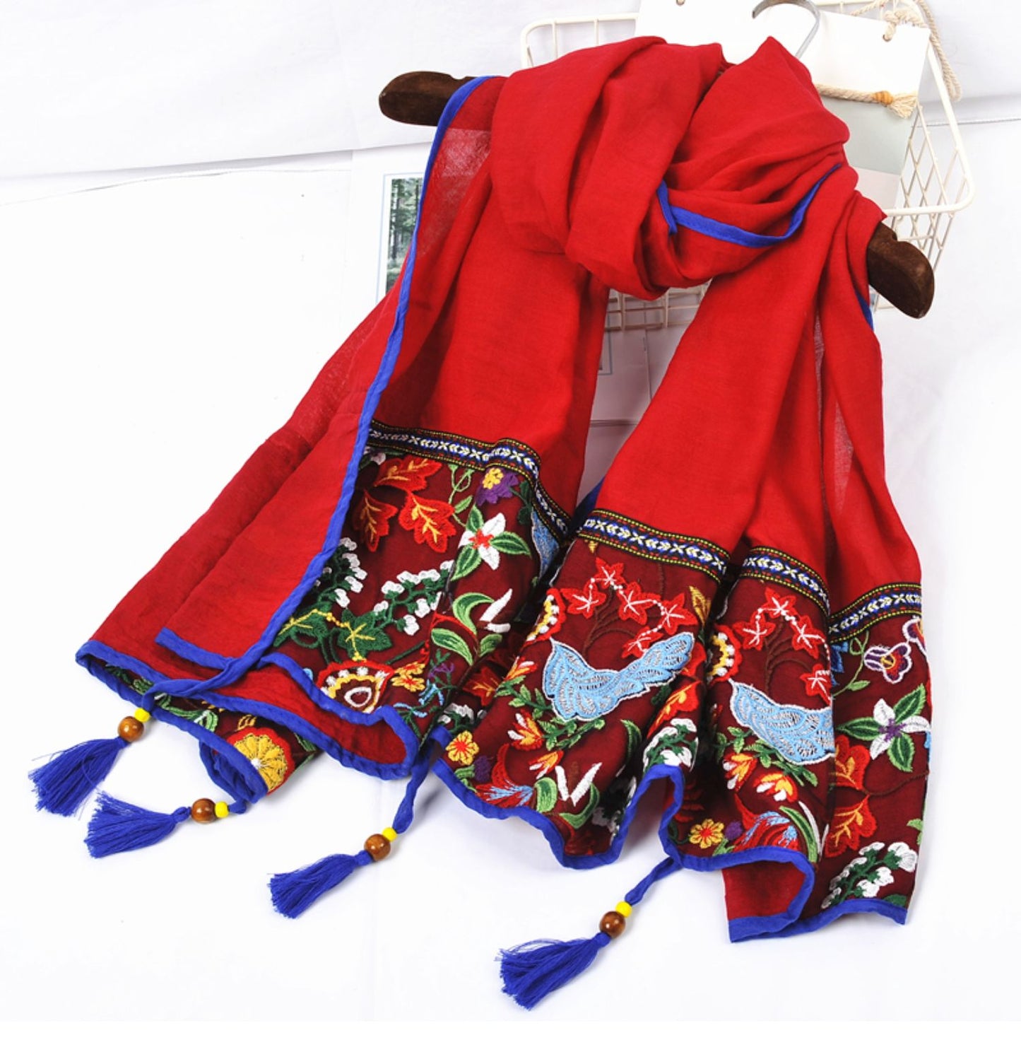 Ethnic style shawl scarf, travel photography, cotton and linen embroidered silk scarf, sun protection, versatile embroidered red gauze scarf