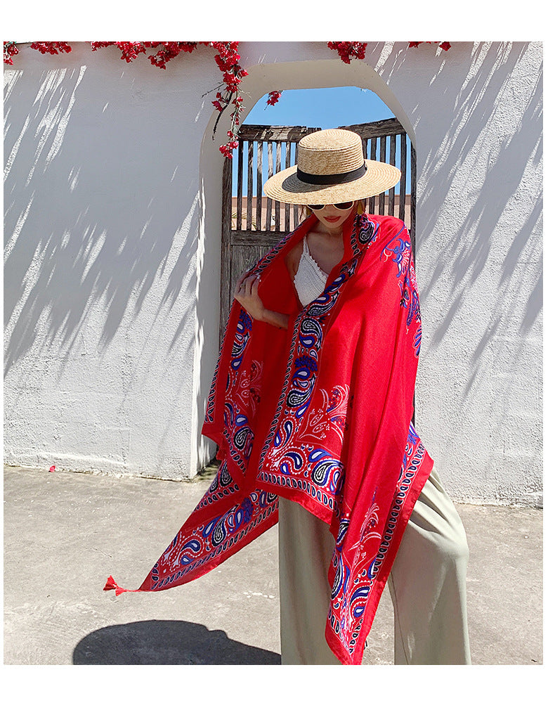 Ethnic style scarf, sun protection shawl, travel beach towel, thin red gauze scarf