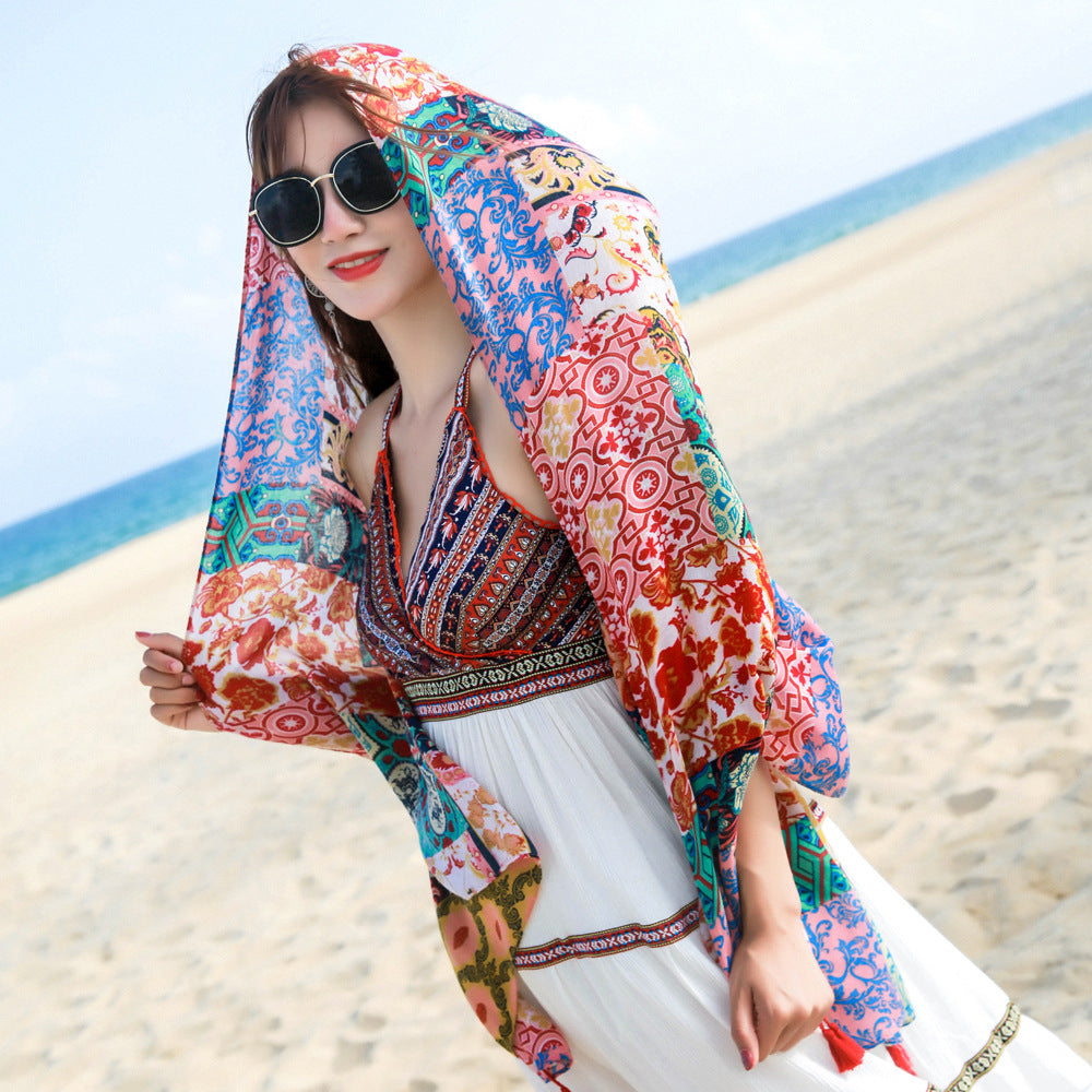 Silk scarf, beach towel, cotton and linen sunscreen shawl, bohemian ethnic style scarf