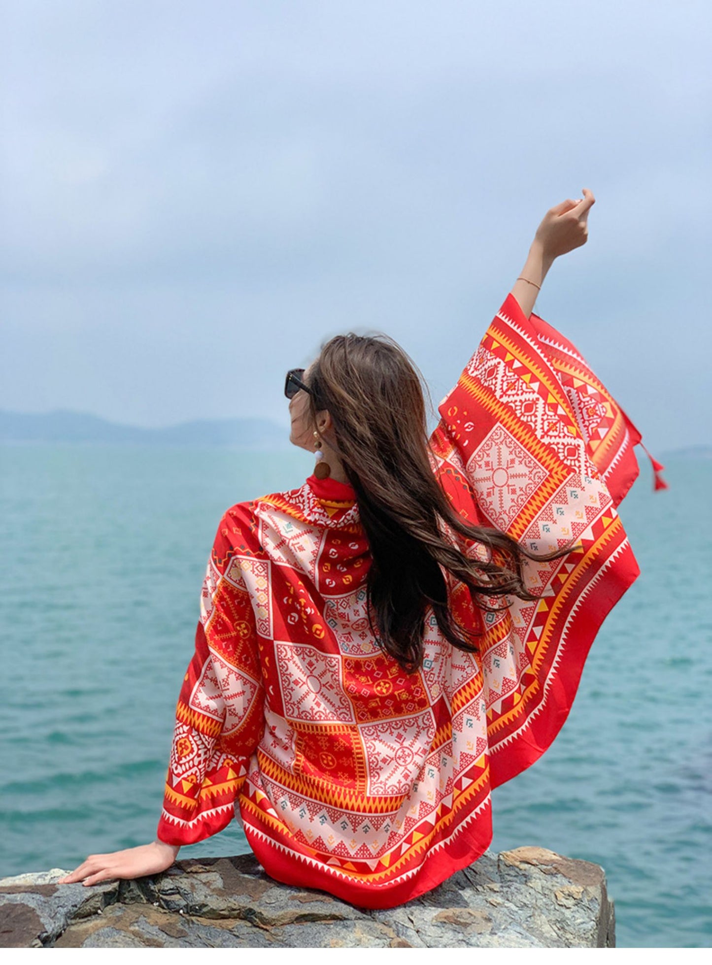 Summer new style red ethnic style cotton and linen scarf, versatile gauze scarf, air-conditioning sun protection shawl, sunshade beach scarf