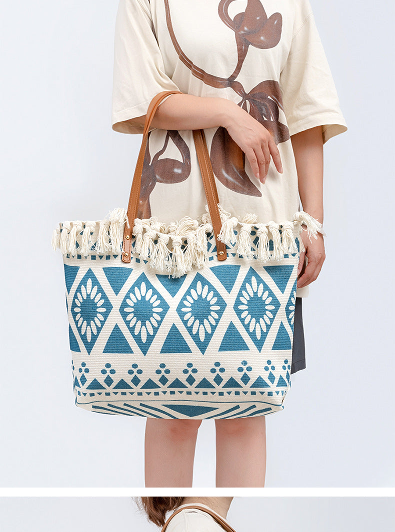 Tote bag, commuter bag, large-capacity casual shoulder bag, ethnic style printed handbag