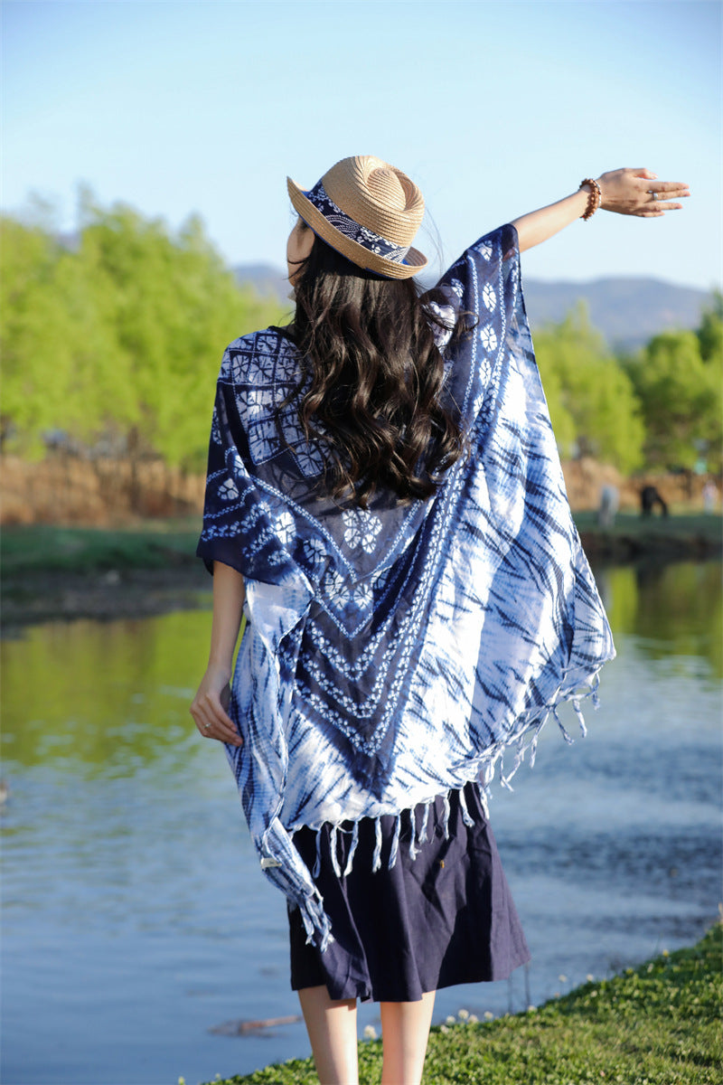 Tie-dye printed ethnic style shawl, retro cape, thin tassels, blouse and scarf