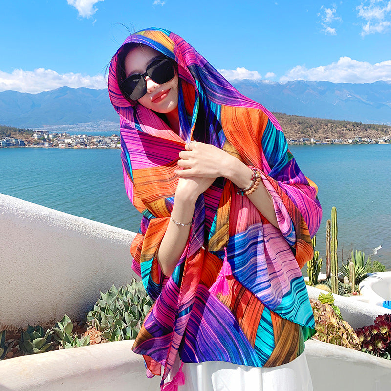 Silk scarf, beach towel, cotton and linen sunscreen shawl, bohemian ethnic style scarf