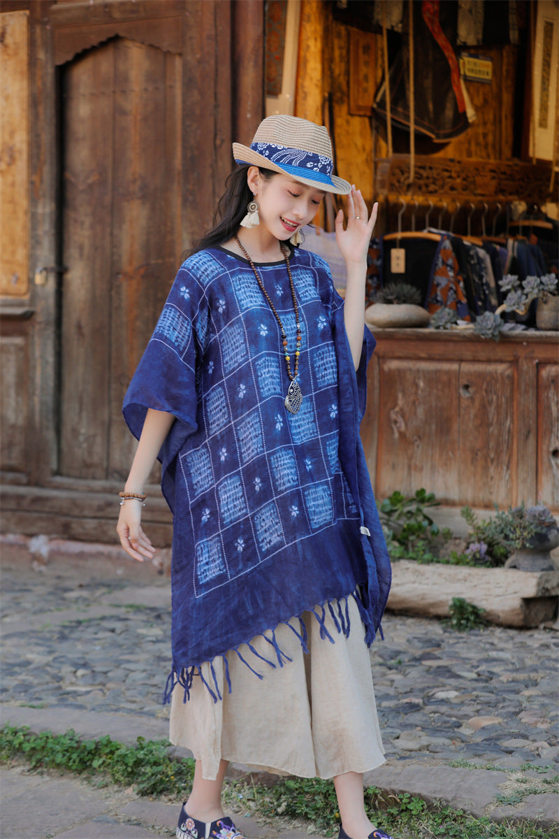 Tie-dye printed ethnic style shawl, retro cape, thin tassels, blouse and scarf