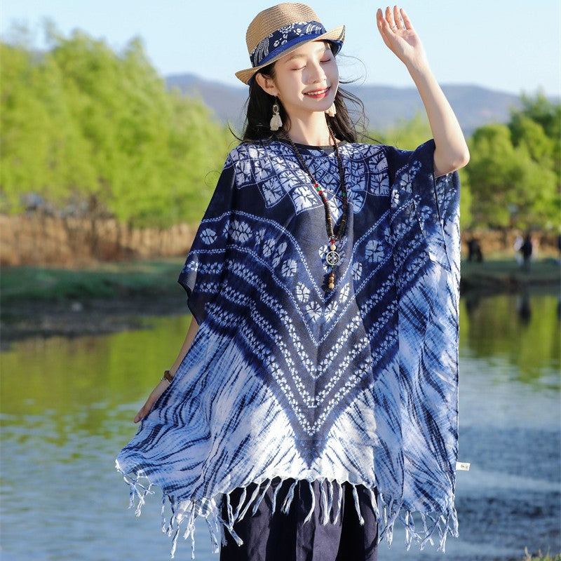 Tie-dye printed ethnic style shawl, retro cape, thin tassels, blouse and scarf