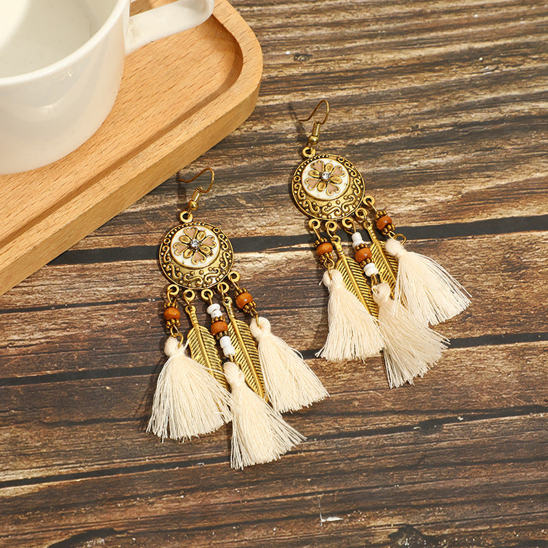 Bohemian long feather ear hook retro personalized handmade leaf tassel earrings