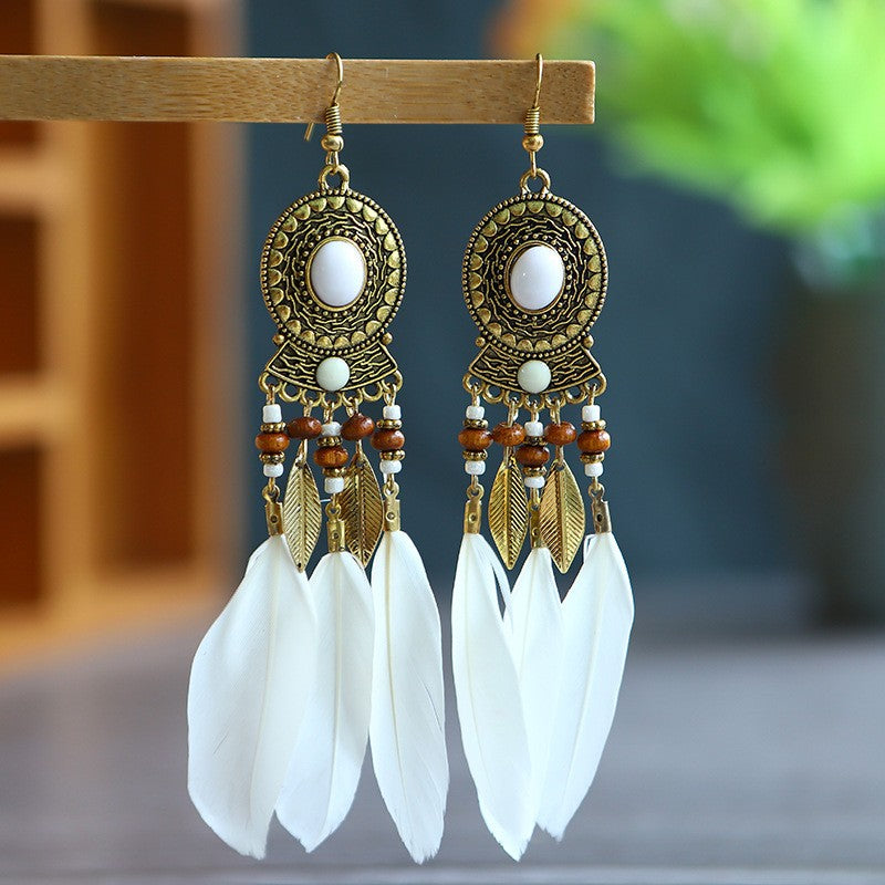 Bohemian long feather ear hook retro personalized handmade leaf tassel earrings