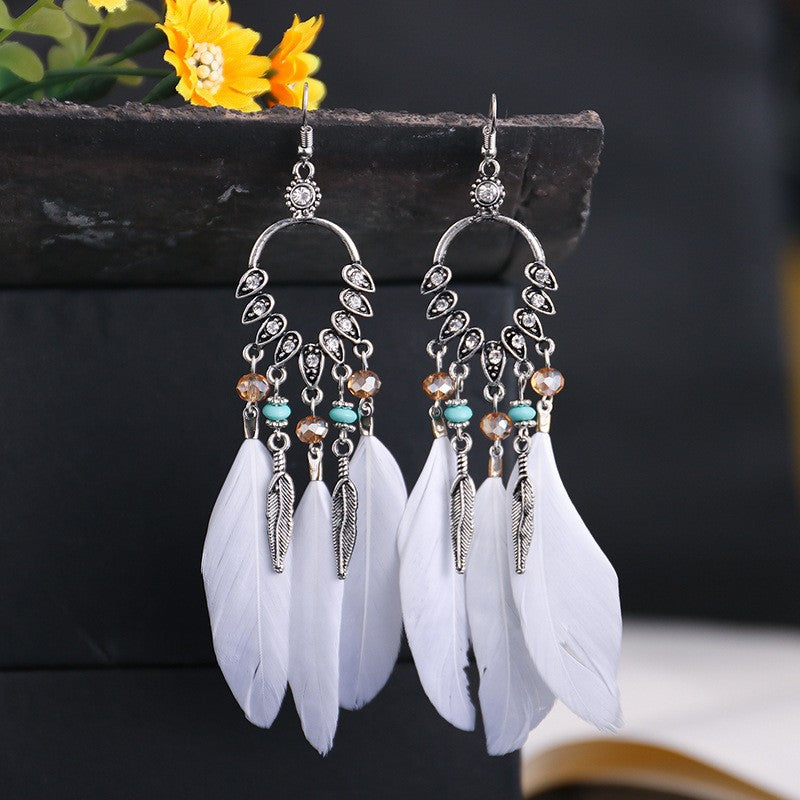 Bohemian long feather ear hook retro personalized handmade leaf tassel earrings