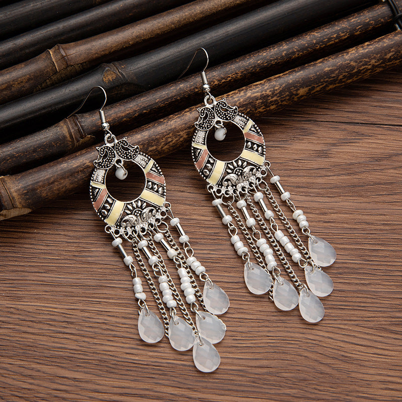 Bohemian long feather ear hook retro personalized handmade leaf tassel earrings