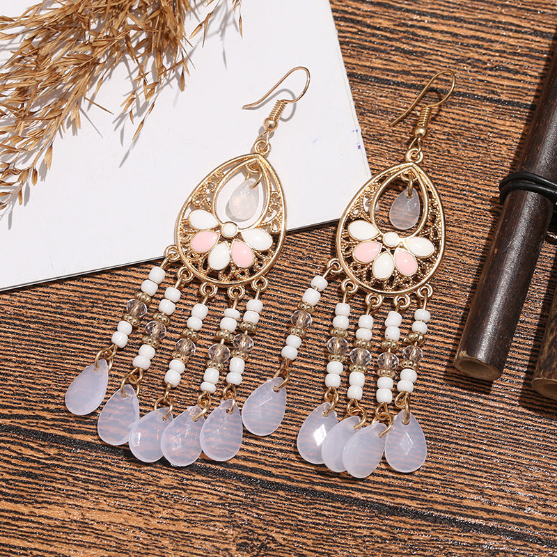 Bohemian long feather ear hook retro personalized handmade leaf tassel earrings