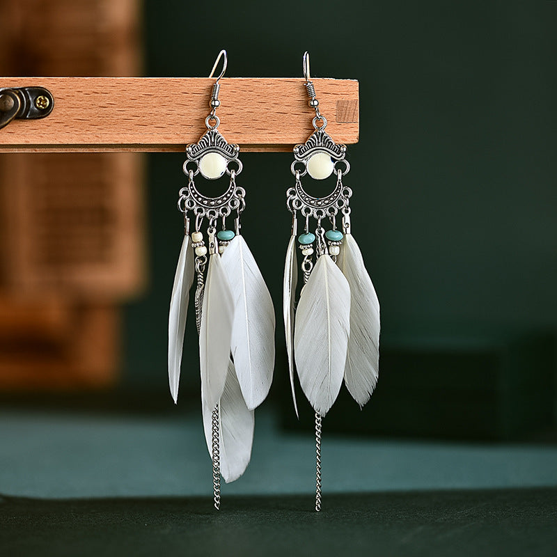 Bohemian long feather ear hook retro personalized handmade leaf tassel earrings