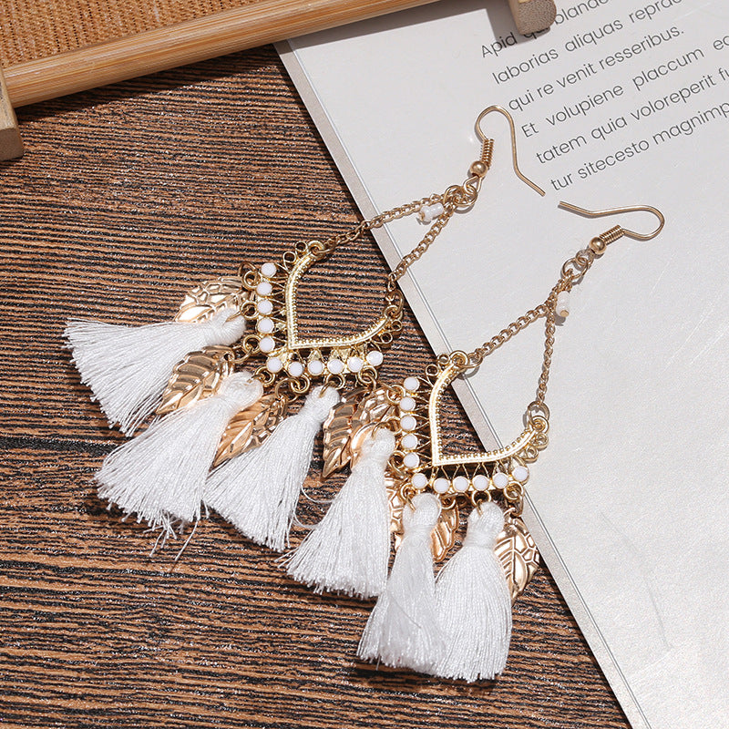 Bohemian long feather ear hook retro personalized handmade leaf tassel earrings