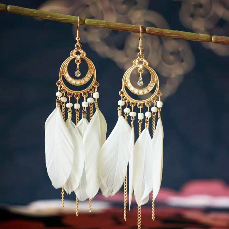 Bohemian long feather ear hook retro personalized handmade leaf tassel earrings