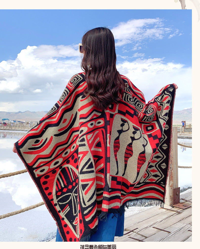 Cape and scarf dual-purpose thickened and warm ethnic style shawl