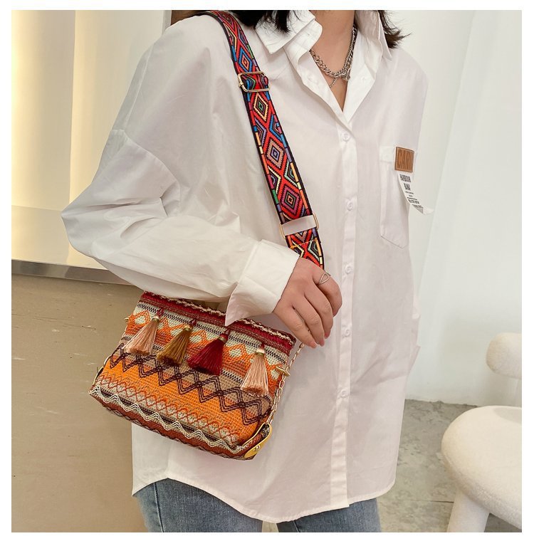 Ethnic style crossbody wide shoulder strap tassel small square bag