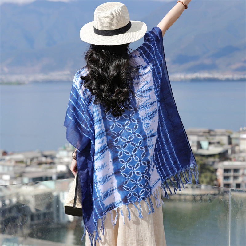 Tie-dye printed ethnic style shawl, retro cape, thin tassels, blouse and scarf