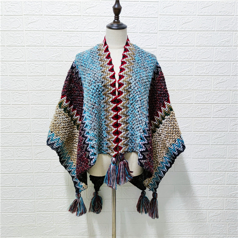 Ethnic style shawl dual-purpose poncho scarf travel warm cloak