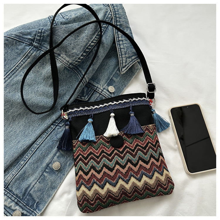 Ethnic holiday wave embroidered tassel crossbody bag