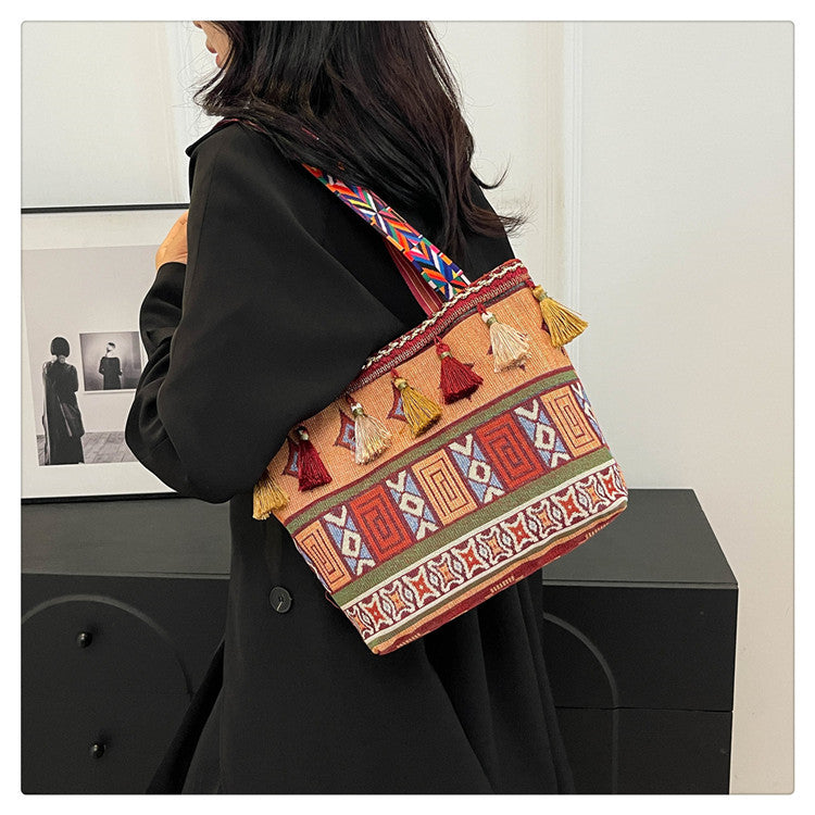 Large-capacity ethnic style canvas bag new shoulder bag commuter tote bag armpit bag