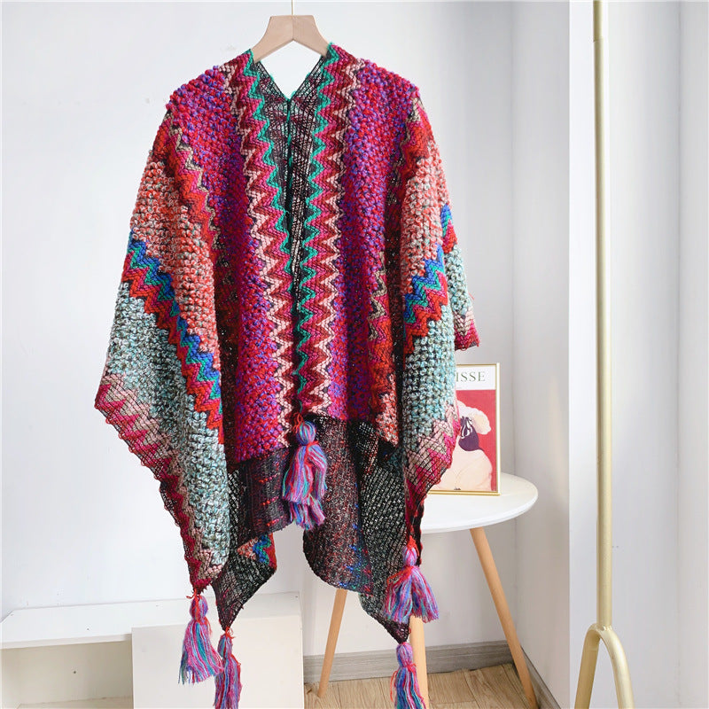 Ethnic style shawl dual-purpose poncho scarf travel warm cloak