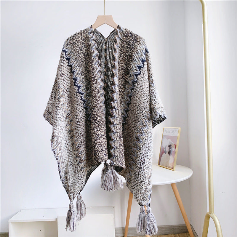 Ethnic style shawl dual-purpose poncho scarf travel warm cloak