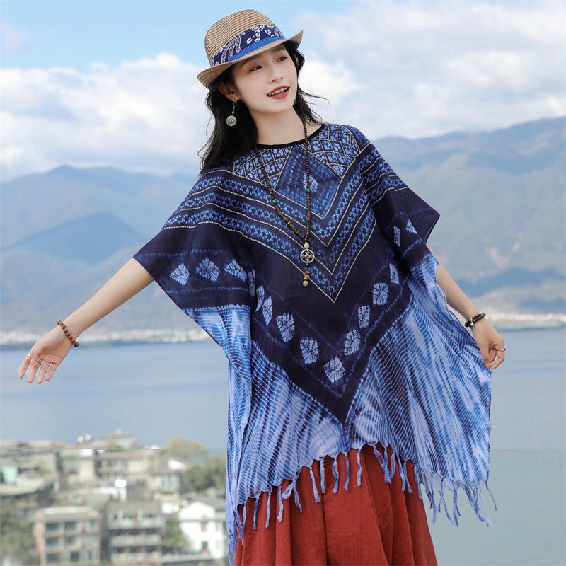 Tie-dye printed ethnic style shawl, retro cape, thin tassels, blouse and scarf