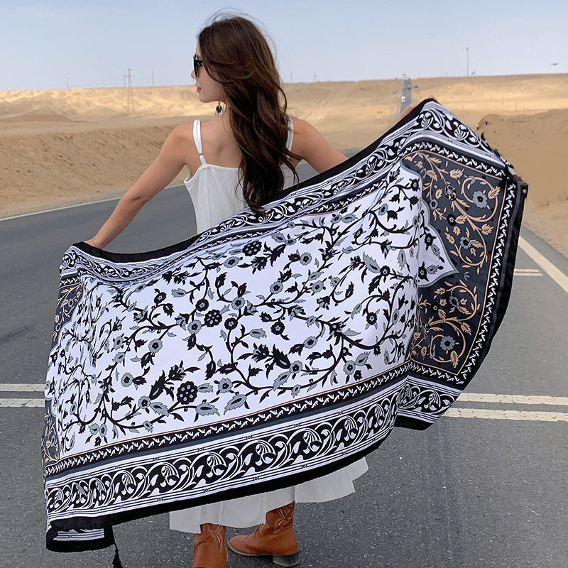 Silk scarf, beach towel, cotton and linen sunscreen shawl, bohemian ethnic style scarf