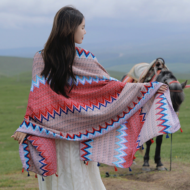 Silk scarf, beach towel, cotton and linen sunscreen shawl, bohemian ethnic style scarf