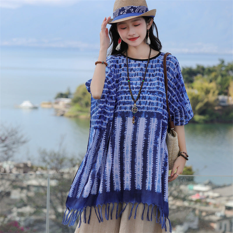 Tie-dye printed ethnic style shawl, retro cape, thin tassels, blouse and scarf