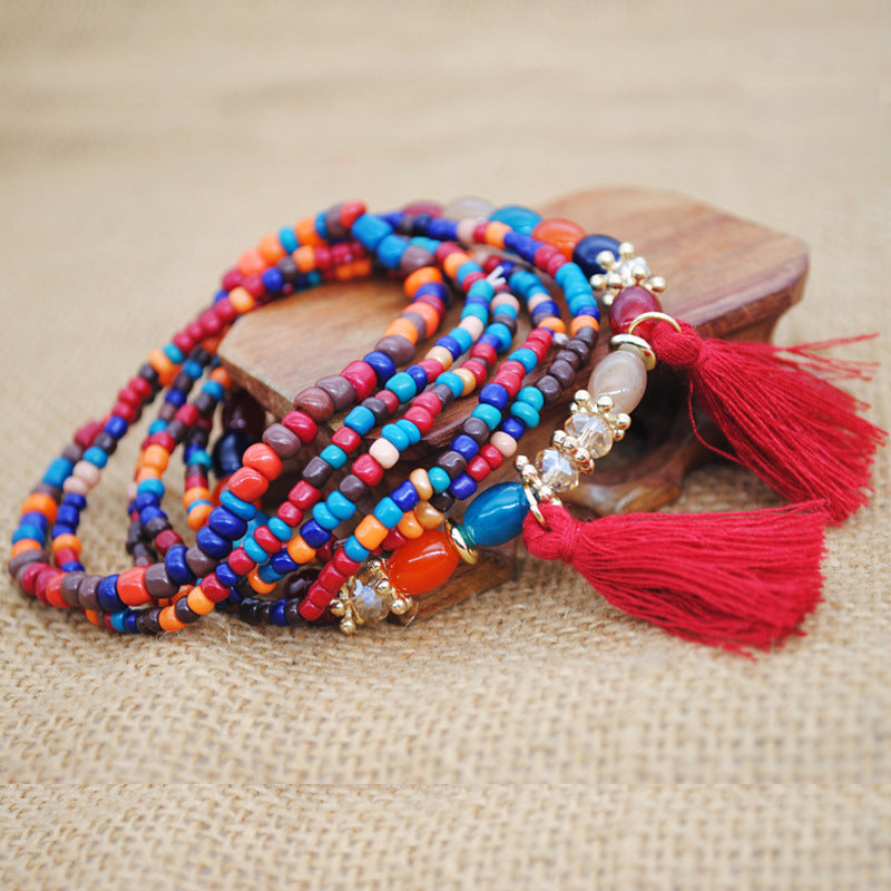 Braided bracelet colorful multi-layered beaded bracelet ethnic style handmade tassel rice bead jewelry