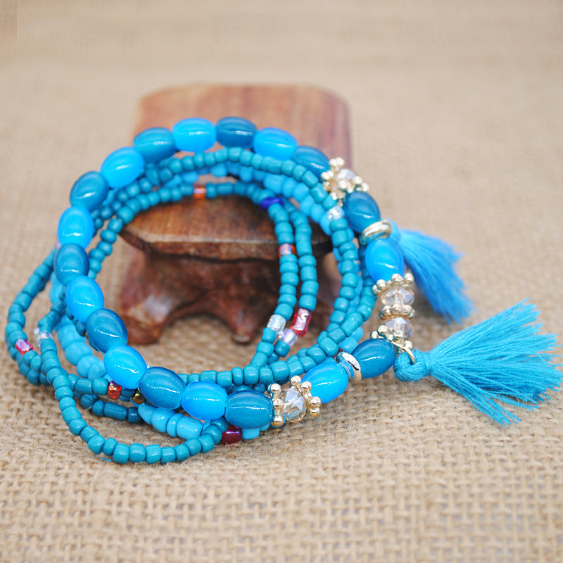 Braided bracelet colorful multi-layered beaded bracelet ethnic style handmade tassel rice bead jewelry