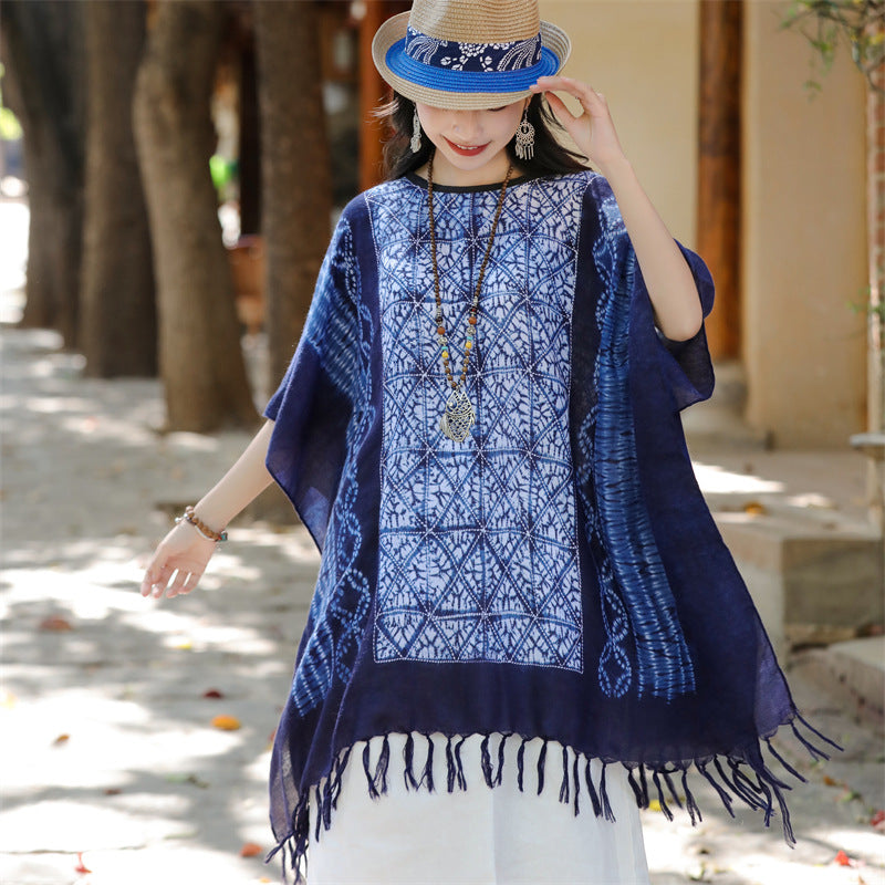 Tie-dye printed ethnic style shawl, retro cape, thin tassels, blouse and scarf