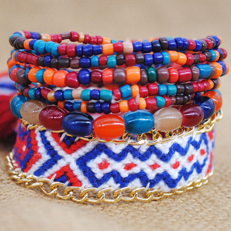 Braided bracelet colorful multi-layered beaded bracelet ethnic style handmade tassel rice bead jewelry