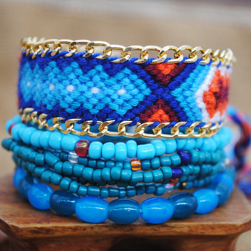 Braided bracelet colorful multi-layered beaded bracelet ethnic style handmade tassel rice bead jewelry