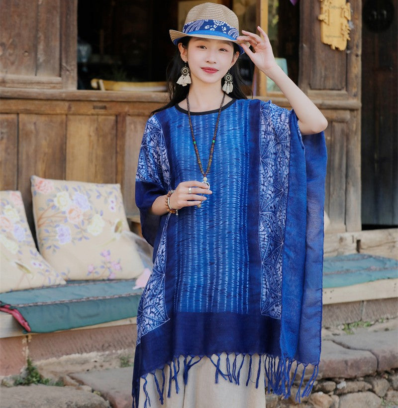 Tie-dye printed ethnic style shawl, retro cape, thin tassels, blouse and scarf